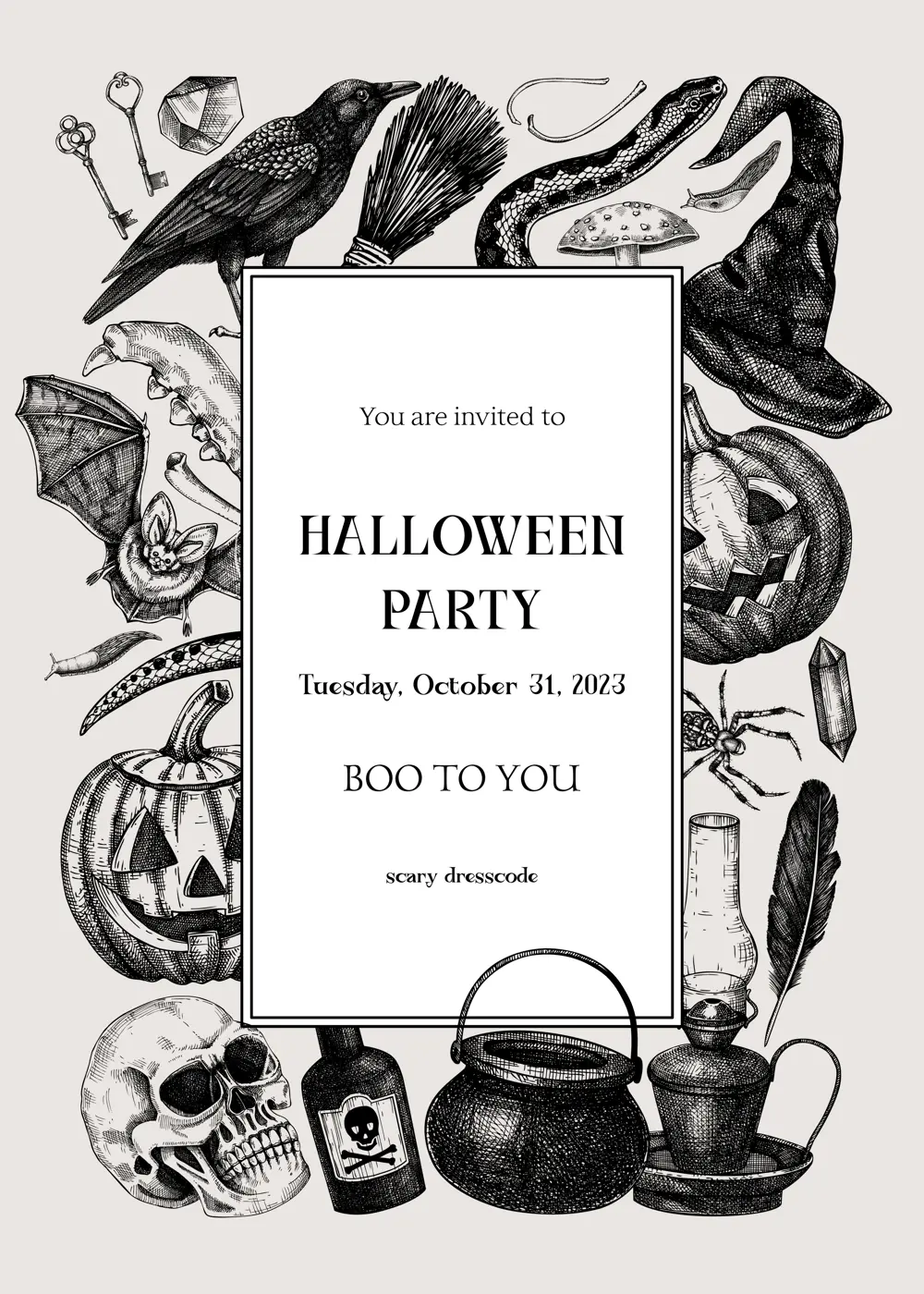 Vintage Halloween wreath design. Hand drawn vector illustration. Realistic skull, bones, pumpkin, poisonous mushrooms, snakes, raven sketches. Halloween party invitation, flyer, poster, card template Illustration